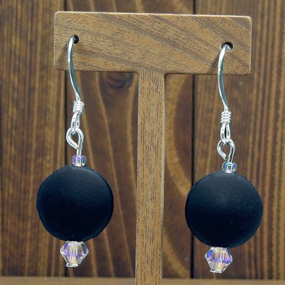 Black Sea Glass Circle Earrings | Handmade - Picture 3 of 5